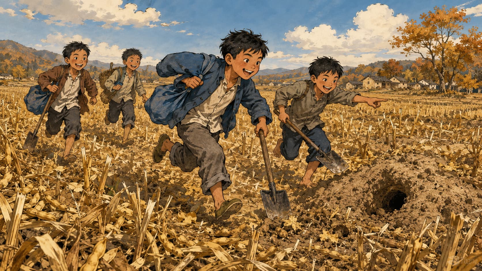 少年们扛着铁锹、拎着布袋,奔向秋收后的田野,童年的兴奋与自由扑面而来。