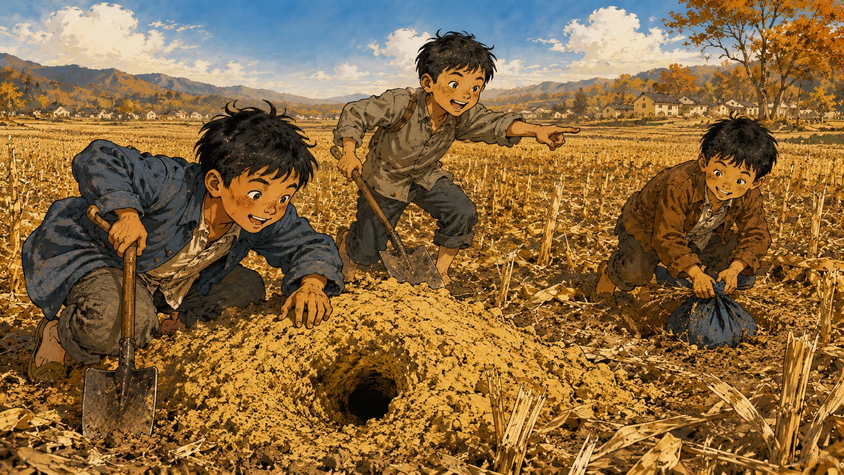 孩子们围在新鲜的土堆旁,辨认田鼠窝的位置,准备开始一场田野里的“侦察”。
