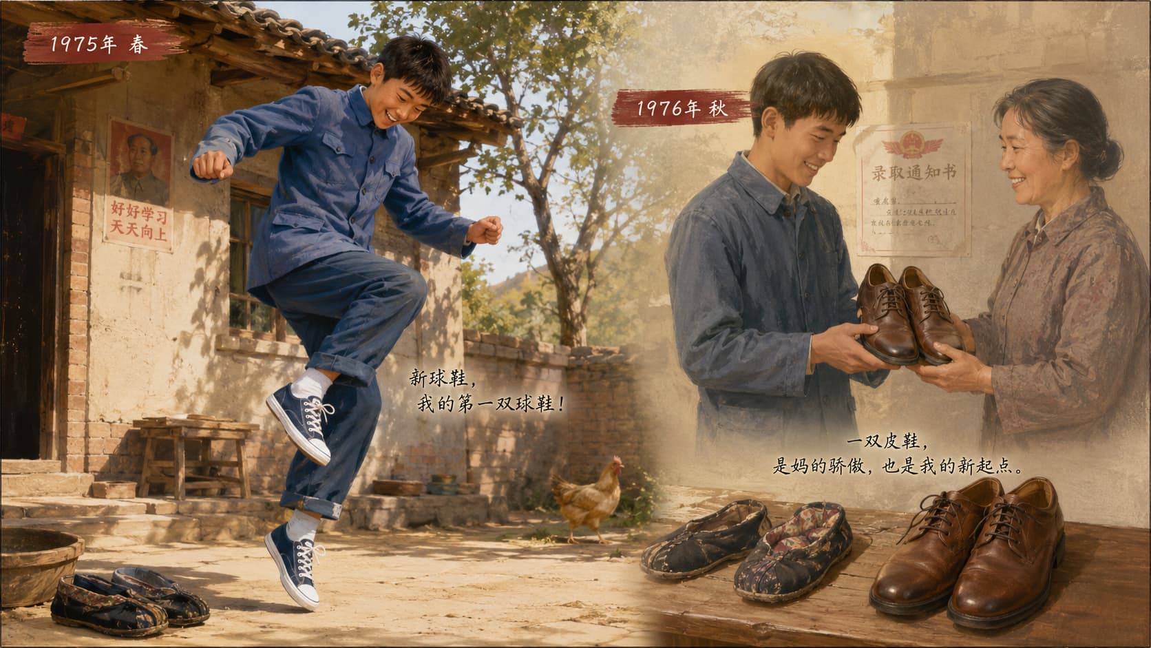 少年穿上第一双球鞋与皮鞋的瞬间,象征旧时布鞋向现代鞋履的过渡。