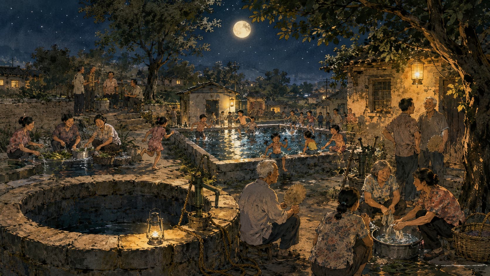 月色下的村庄夜景,孩子们玩耍,成年人闲谈,呈现老井周边的温暖生活氛围。