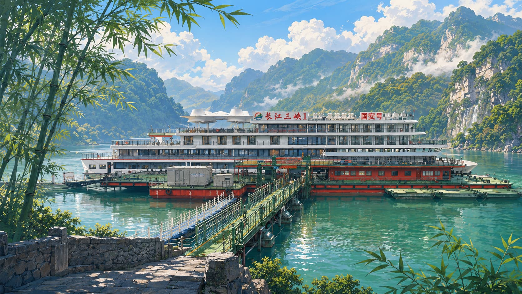 游轮码头与三峡山水