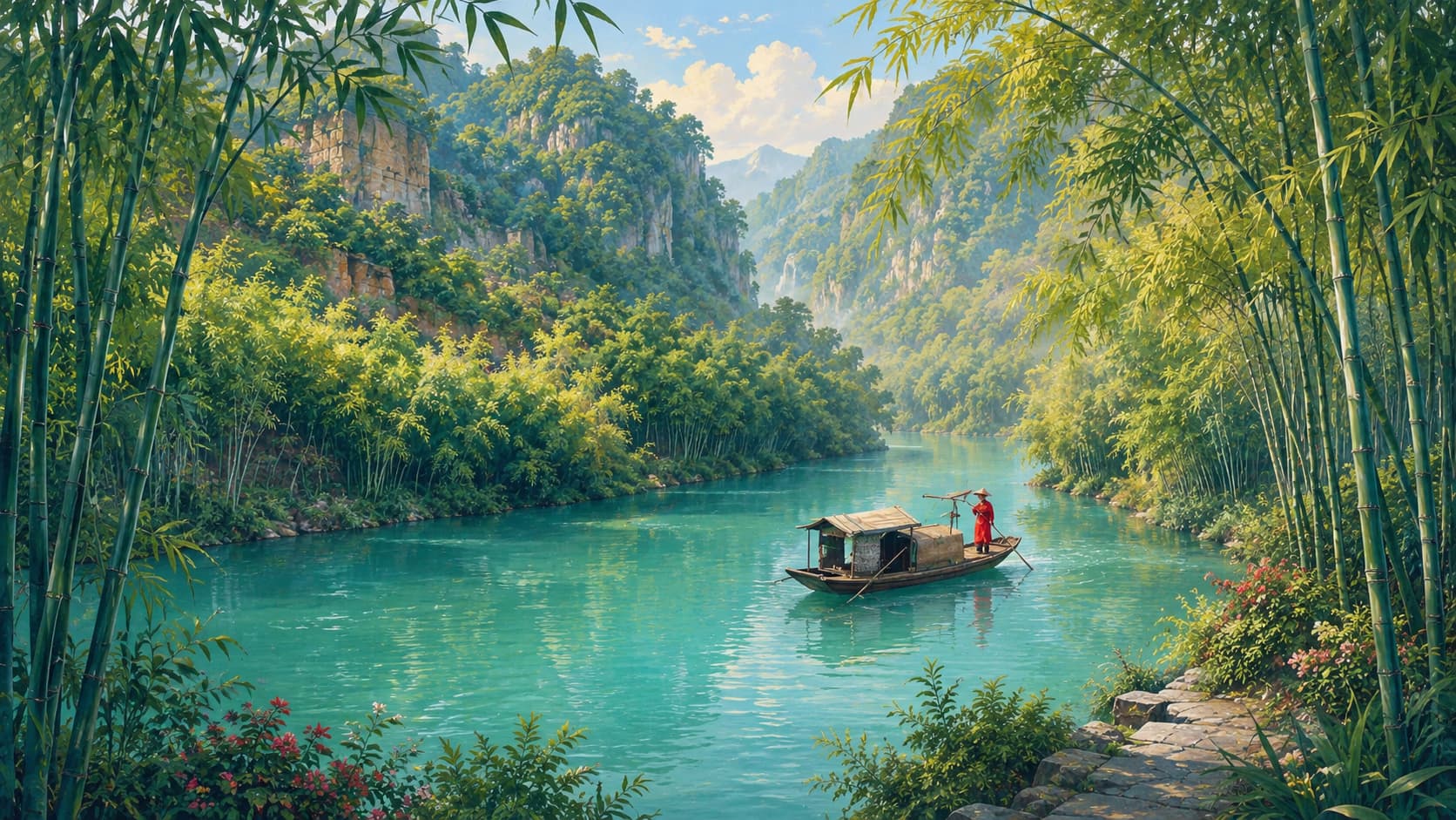竹林碧水与小舟