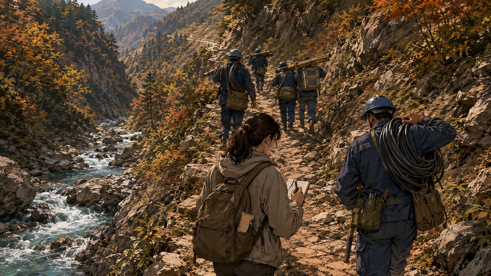 山路崎岖难行，电力施工人员肩扛电料设备，将光明送进深山。