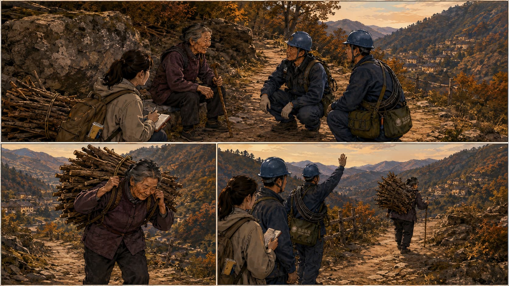 山中老人背负柴火劳作，质朴坚韧的生活令人印象深刻。